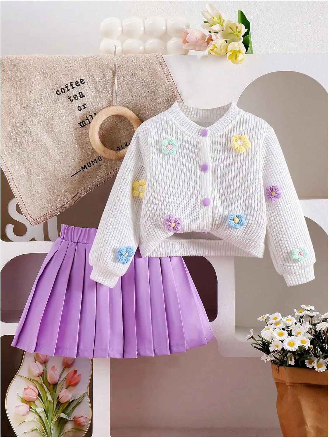 WDIRARA Toddler Girl's 2 Piece Outfits 3D Flower Button Down Cardigan and Pleated Aline Skirts Set