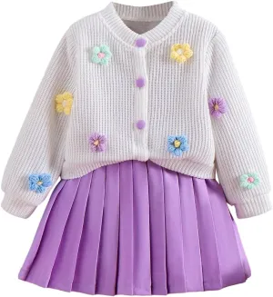 WDIRARA Toddler Girl's 2 Piece Outfits 3D Flower Button Down Cardigan and Pleated Aline Skirts Set
