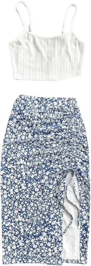 WDIRARA Women's 2 Piece Floral Print Outfits Cami Top and Slit Drawstring Side Bodycon Skirt Set