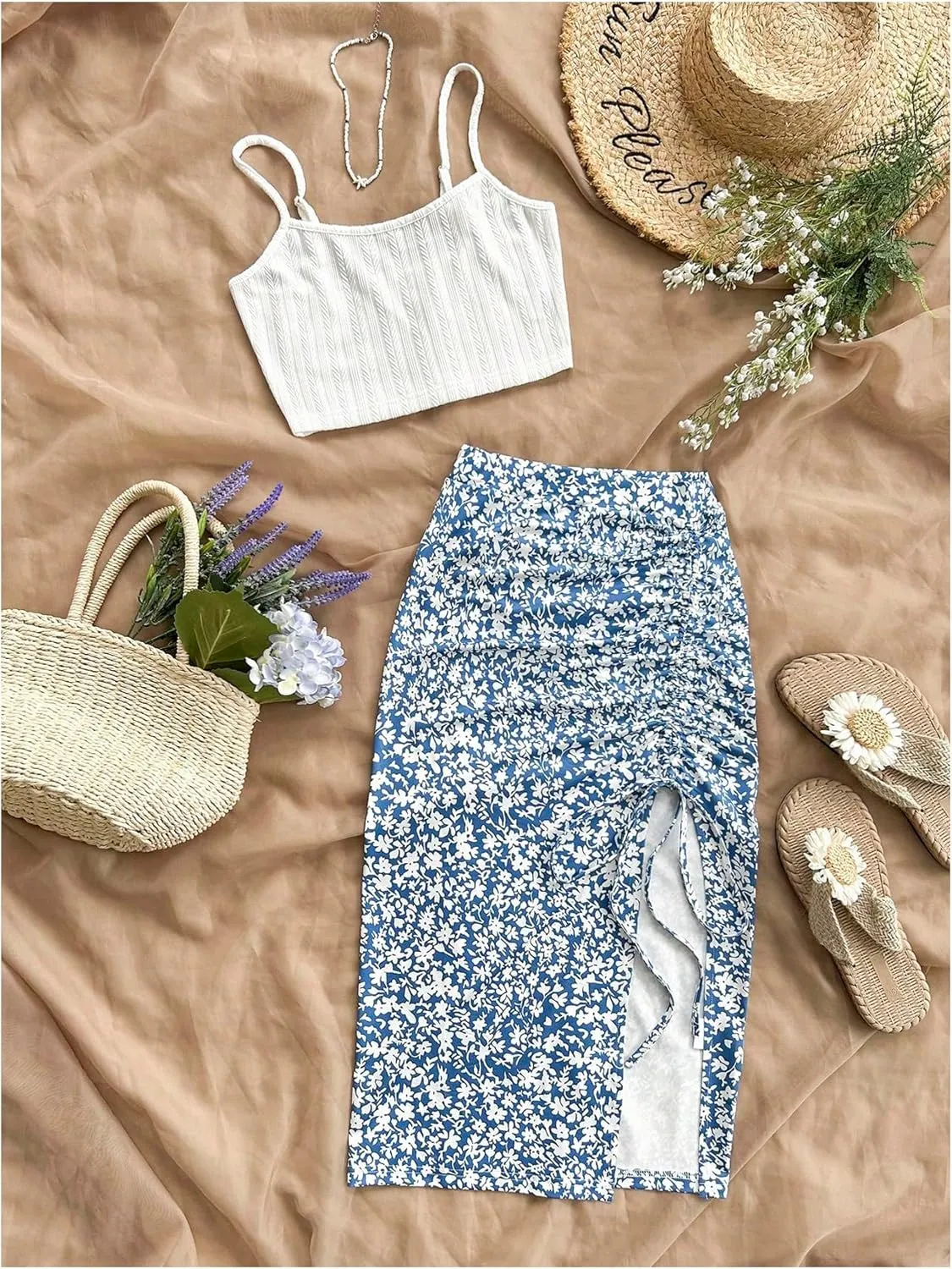 WDIRARA Women's 2 Piece Floral Print Outfits Cami Top and Slit Drawstring Side Bodycon Skirt Set
