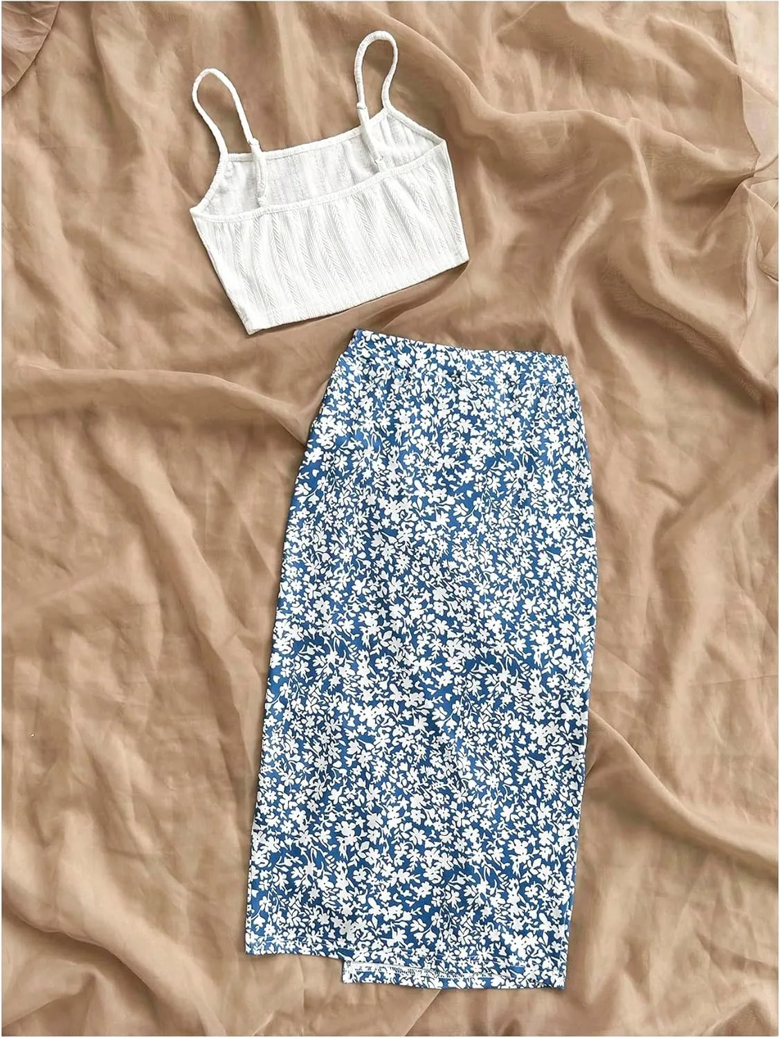WDIRARA Women's 2 Piece Floral Print Outfits Cami Top and Slit Drawstring Side Bodycon Skirt Set