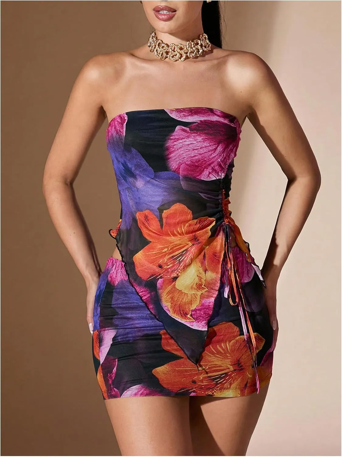 WDIRARA Women's 2 Piece Outfits Floral Print Drawstring Asymmetrical Tube Top and Bodycon Mini Skirt Set