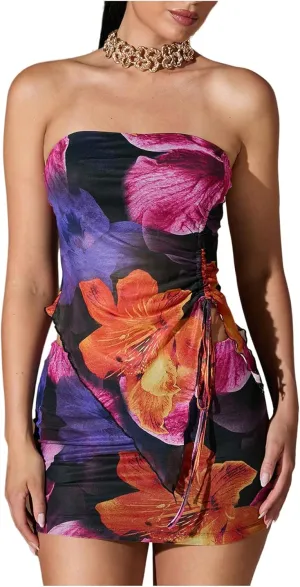 WDIRARA Women's 2 Piece Outfits Floral Print Drawstring Asymmetrical Tube Top and Bodycon Mini Skirt Set