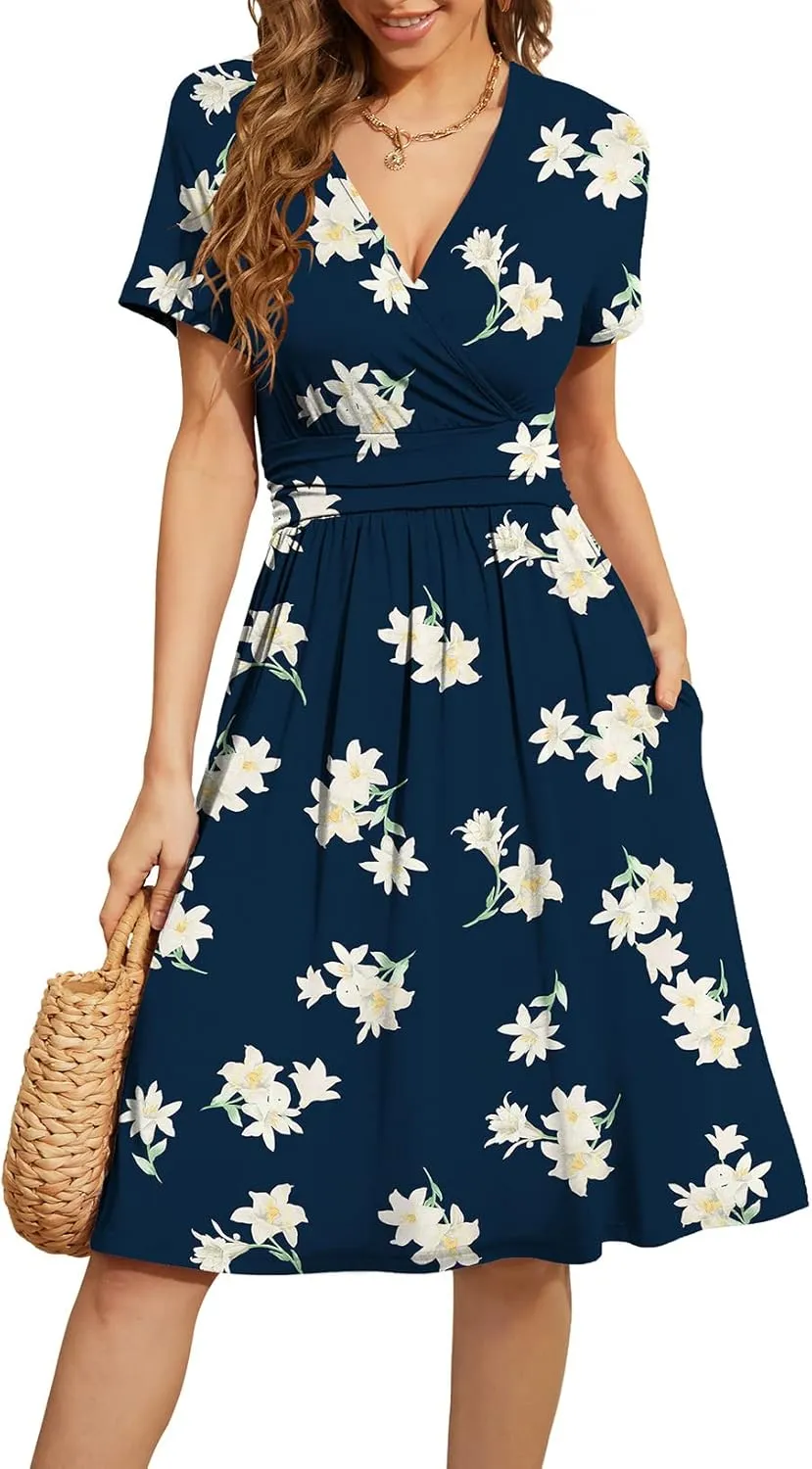 WEACZZY Women's Summer Short Sleeve Casual Dresses V-Neck Floral Party Dress with Pockets
