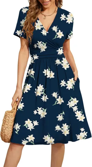 WEACZZY Women's Summer Short Sleeve Casual Dresses V-Neck Floral Party Dress with Pockets