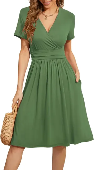 WEACZZY Women's Summer Short Sleeve Casual Dresses V-Neck Floral Party Dress with Pockets