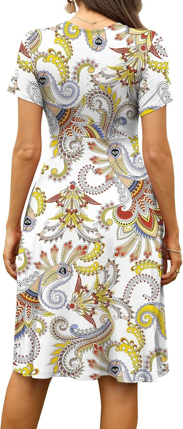 WEACZZY Women's Summer Short Sleeve Casual Dresses V-Neck Floral Party Dress with Pockets