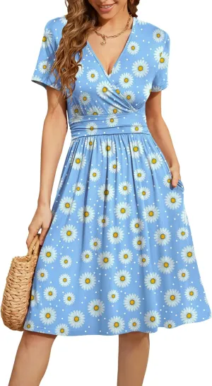 WEACZZY Women's Summer Short Sleeve Casual Dresses V-Neck Floral Party Dress with Pockets