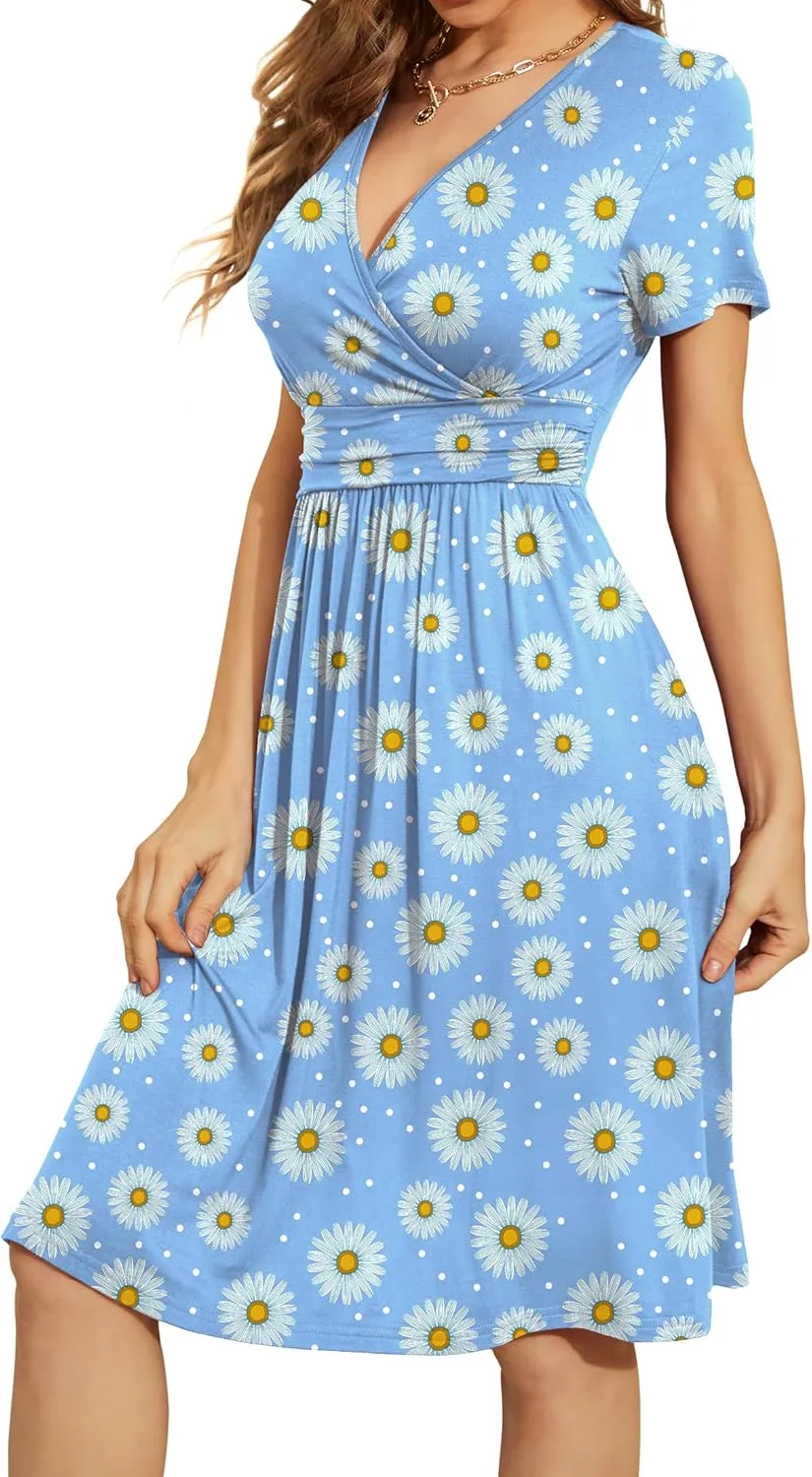 WEACZZY Women's Summer Short Sleeve Casual Dresses V-Neck Floral Party Dress with Pockets