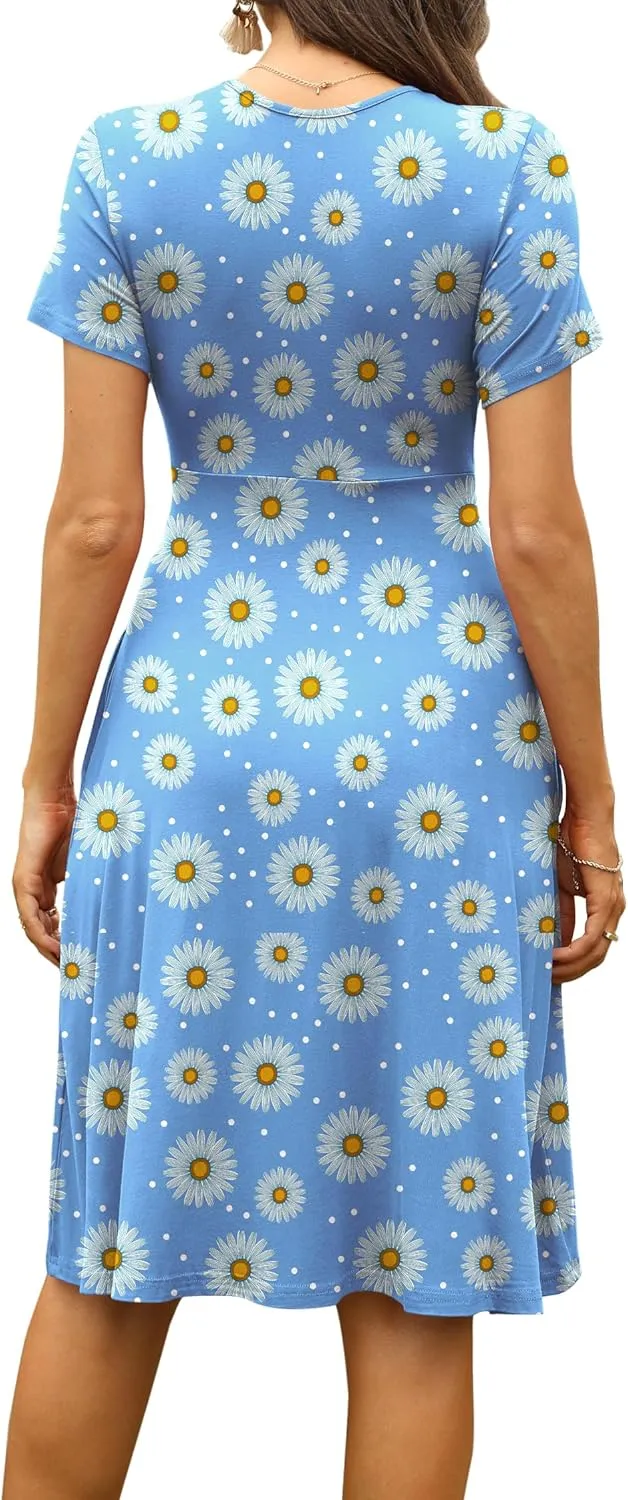 WEACZZY Women's Summer Short Sleeve Casual Dresses V-Neck Floral Party Dress with Pockets