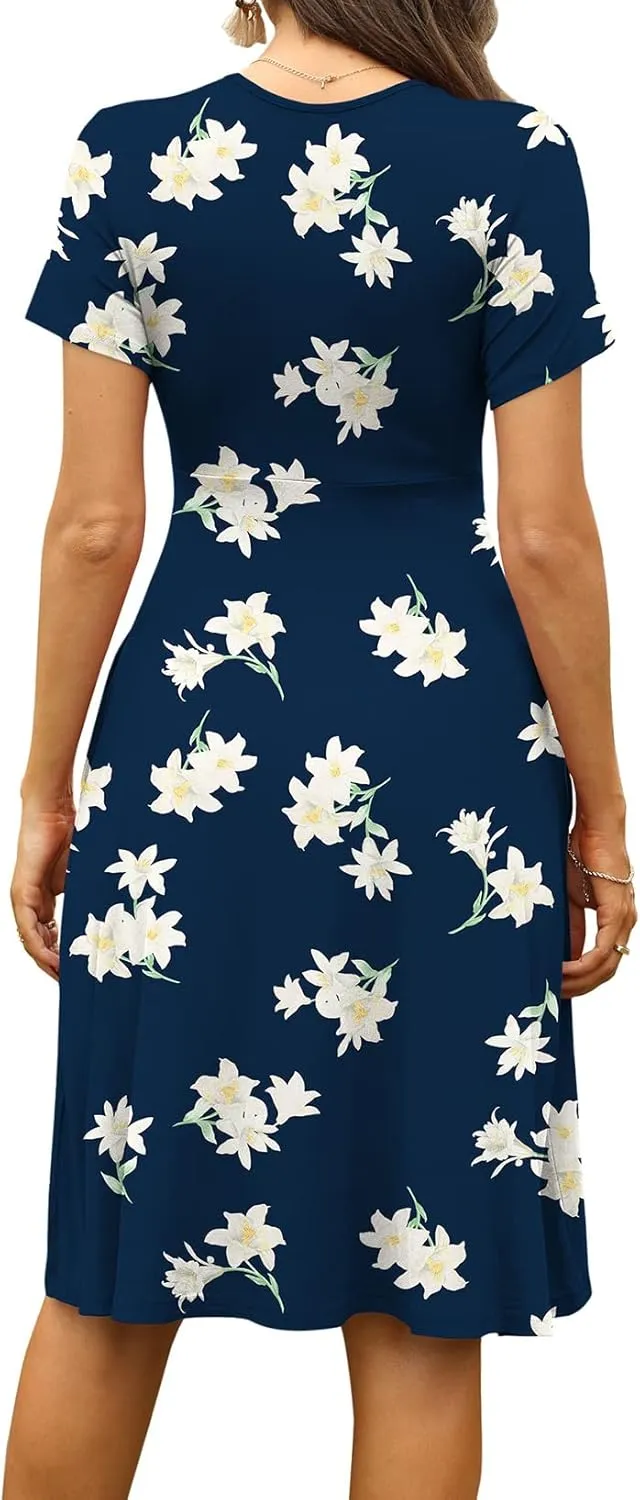 WEACZZY Women's Summer Short Sleeve Casual Dresses V-Neck Floral Party Dress with Pockets