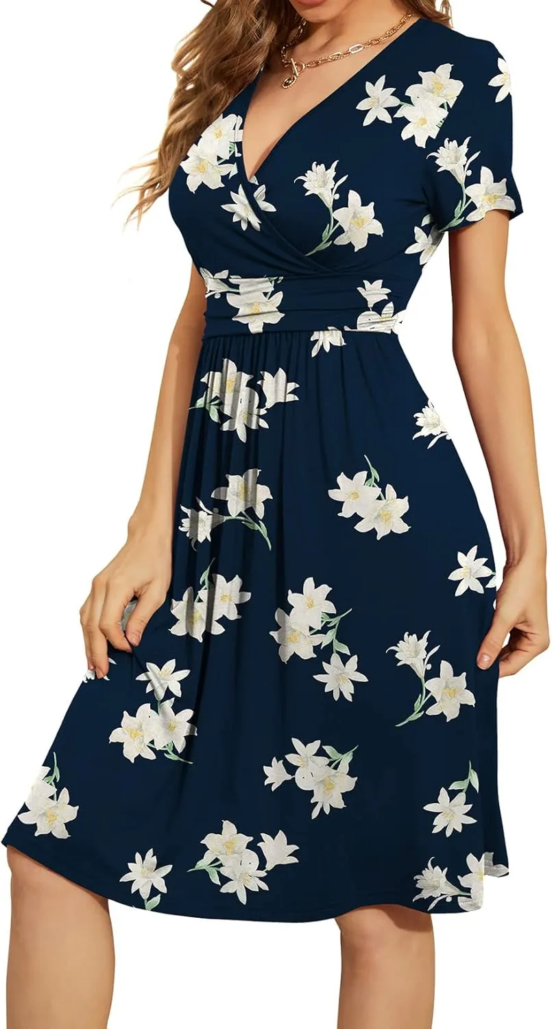 WEACZZY Women's Summer Short Sleeve Casual Dresses V-Neck Floral Party Dress with Pockets