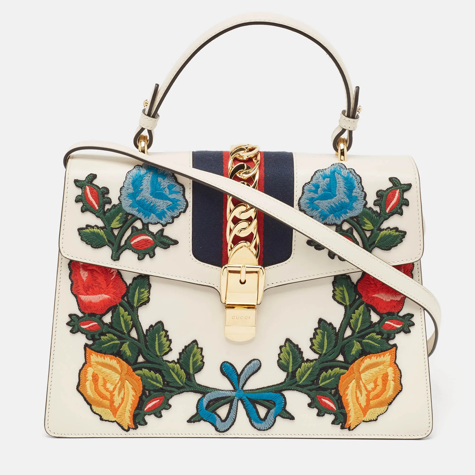 White Leather Floral Embroidered Medium Sylvie Top Handle Bag