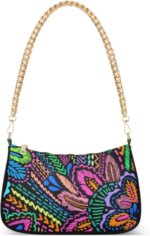 Women Chain Shoulder Purse Bag With Zipper Floral Embroidery Ethnic Print, Vintage Flower Colorful Hobo Tote Clutch Handbags with Chain Strap
