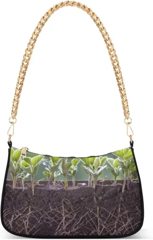 Women Chain Shoulder Purse Bag With Zipper Fresh Green Soybean Print, Plants with Roots Hobo Tote Clutch Handbags with Chain Strap