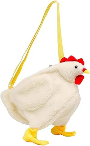 Women Crossbody Bag Cartoon Chicken Pattern Large Capacity, Cute Casual Shoulder Bags Fleece Zipper Soft Plush Handbags, Gifts for Friends Daughter Girlfriend White