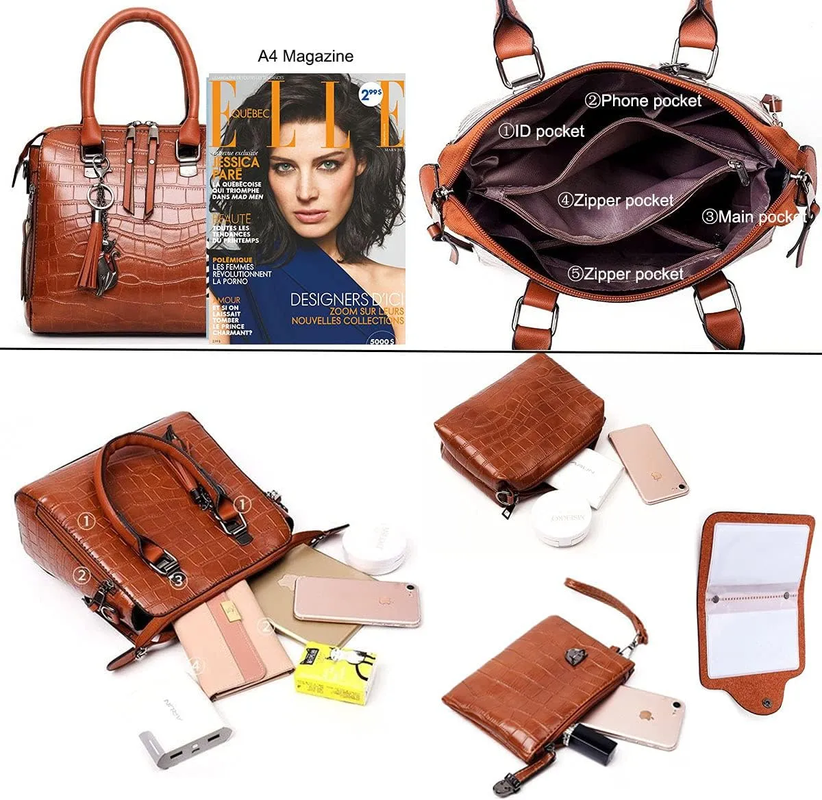 Women Fashion Handbags Tassel Pendant Wallet Tote Bag Shoulder Bag Top Handle Satchel Purse Set 4pcs(Blue)
