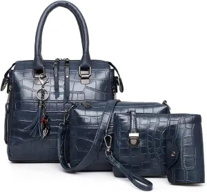 Women Fashion Handbags Tassel Pendant Wallet Tote Bag Shoulder Bag Top Handle Satchel Purse Set 4pcs(Blue)