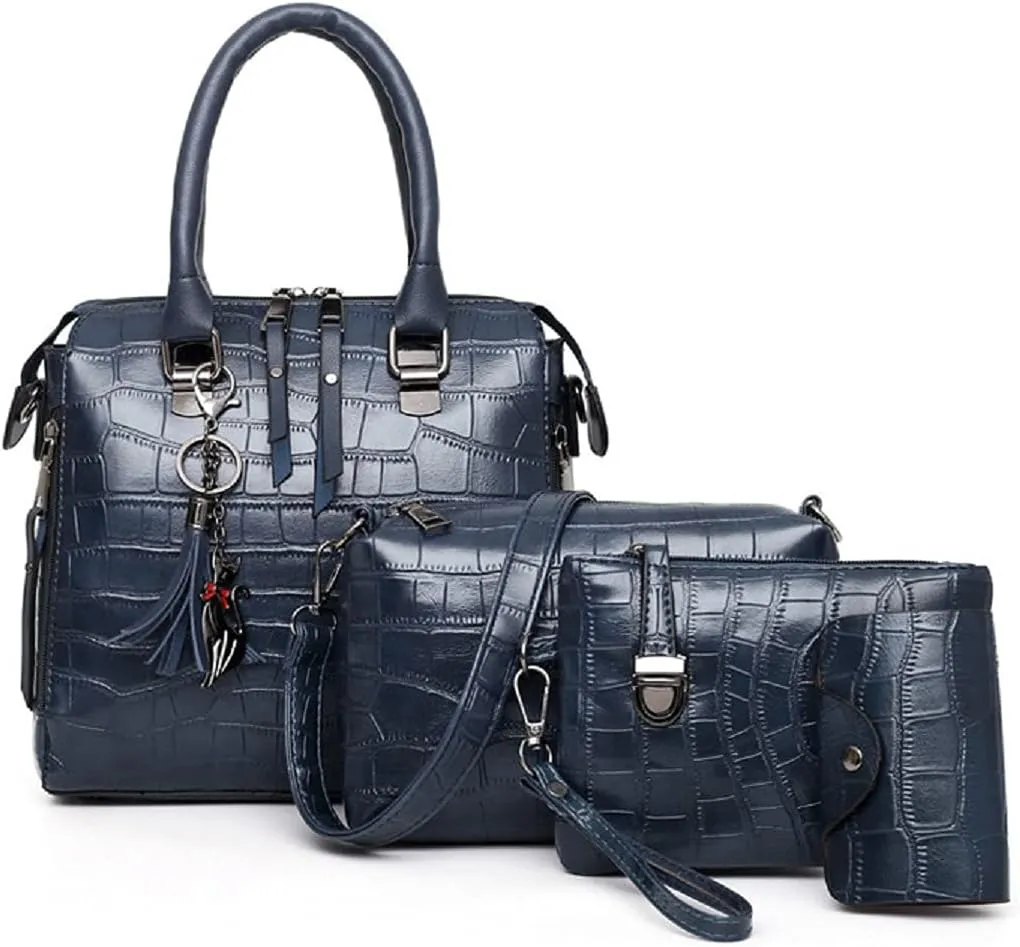 Women Fashion Handbags Tassel Pendant Wallet Tote Bag Shoulder Bag Top Handle Satchel Purse Set 4pcs(Blue)