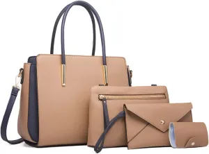 Women Fashion Handbags Wallet Tote Bag Color Matching Shoulder Bag Top Handle Satchel Purse Set 4pcs(Pink)