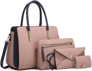 Women Fashion Handbags Wallet Tote Bag Color Matching Shoulder Bag Top Handle Satchel Purse Set 4pcs(Pink)