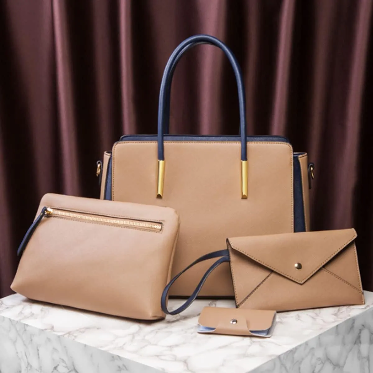Women Fashion Handbags Wallet Tote Bag Color Matching Shoulder Bag Top Handle Satchel Purse Set 4pcs(Pink)