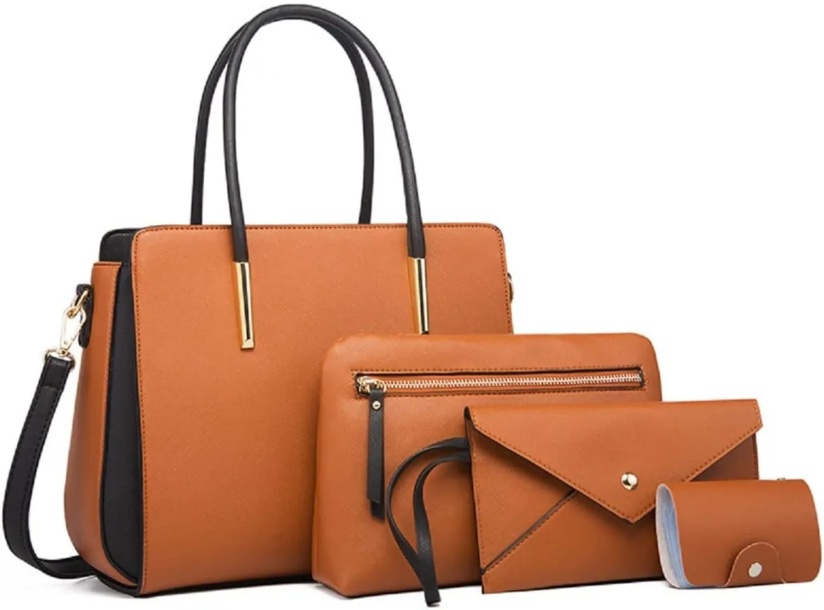 Women Fashion Handbags Wallet Tote Bag Color Matching Shoulder Bag Top Handle Satchel Purse Set 4pcs(Pink)