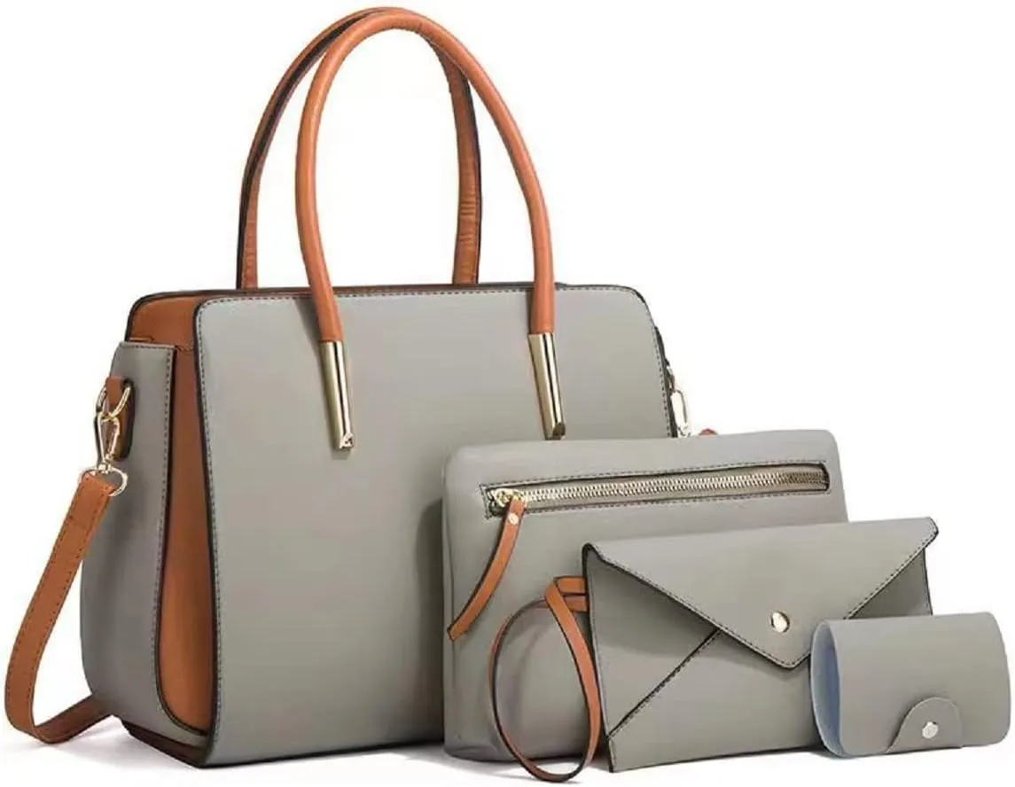 Women Fashion Handbags Wallet Tote Bag Color Matching Shoulder Bag Top Handle Satchel Purse Set 4pcs(Pink)