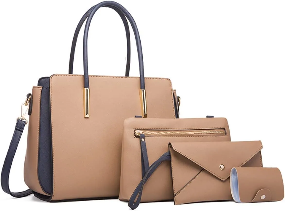 Women Fashion Handbags Wallet Tote Bag Color Matching Shoulder Bag Top Handle Satchel Purse Set 4pcs(Pink)