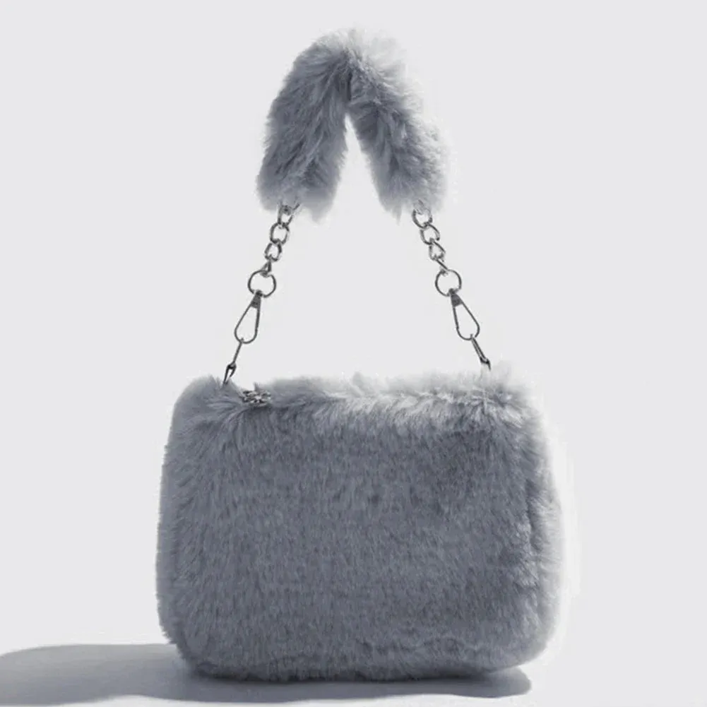 Women Faux Fur Tote Bag Casual Plush Tote Handbag Versatile Fluffy Shoulder Bag Soft Cute Fall Winter Female Purse