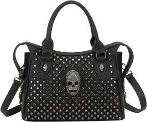 Women Handbag and Purses PU Satchel Skull Rivet Shoulder Tote Top-Handle Bag Black