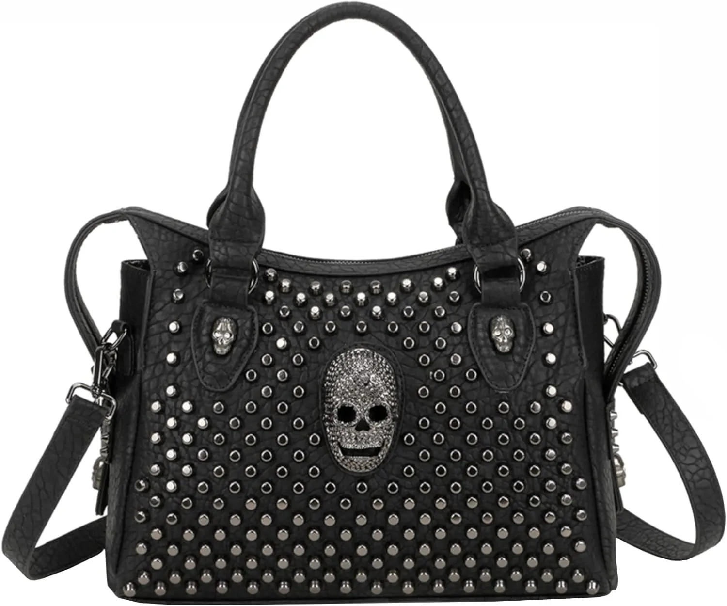 Women Handbag and Purses PU Satchel Skull Rivet Shoulder Tote Top-Handle Bag Black