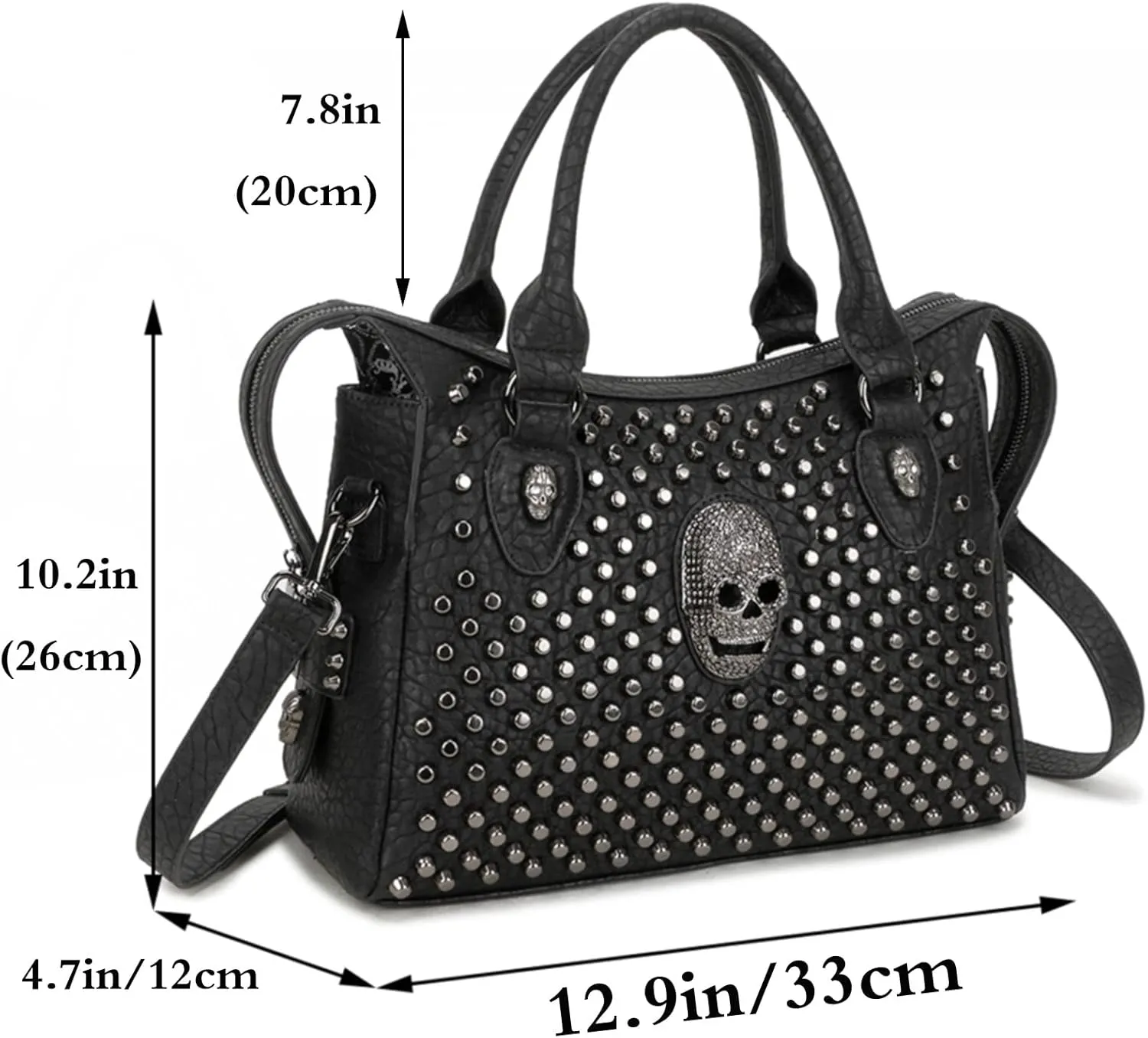 Women Handbag and Purses PU Satchel Skull Rivet Shoulder Tote Top-Handle Bag Black