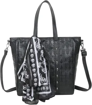 Women Handbag and Purses PU Satchel Skull Rivet Shoulder Tote Top-Handle Bag Black