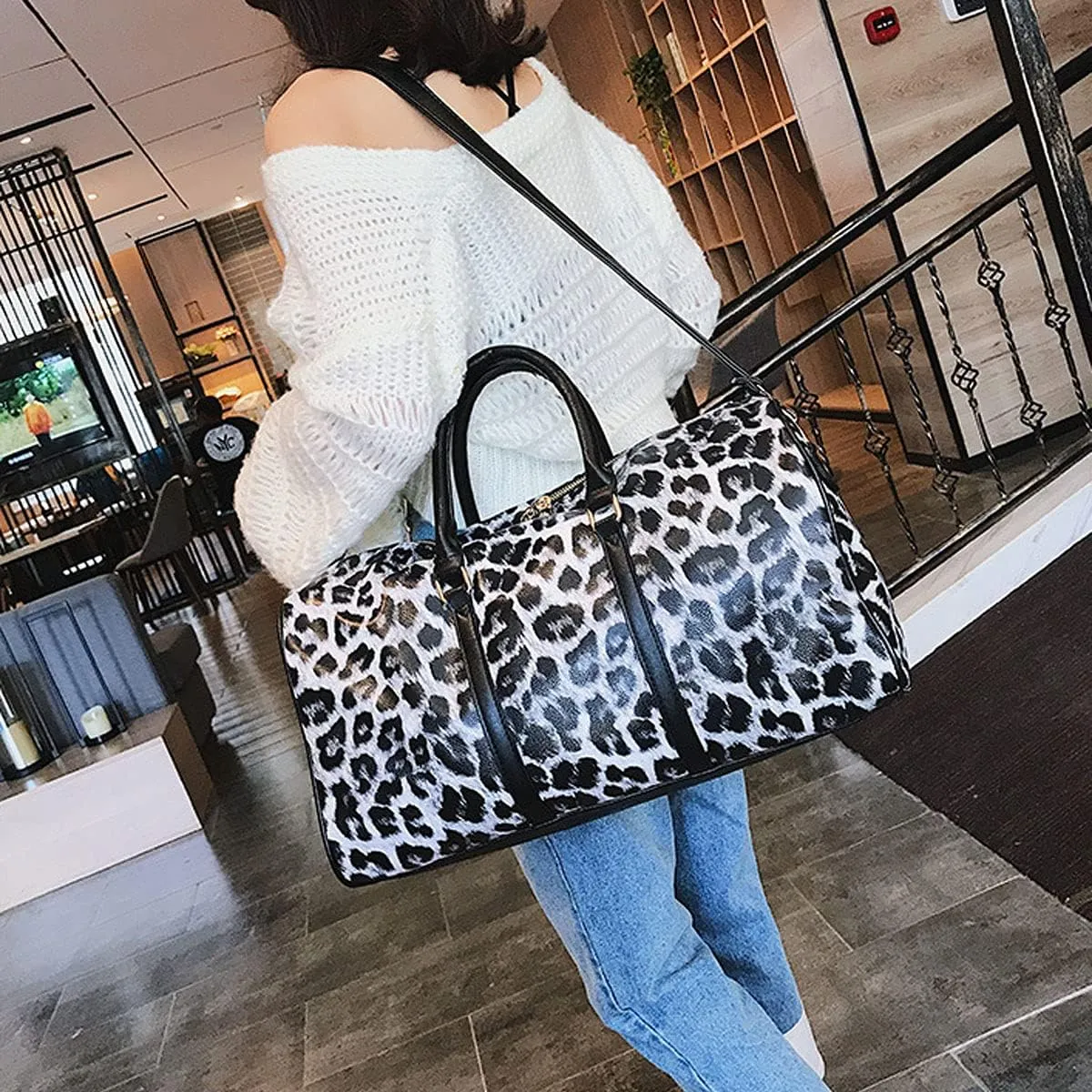 Women Leopard Travel Bag Duffel Weekender Carryon Luggage Shoulder Tote Bag PU Leather Handbag Crossbody Bag
