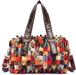 Women Multicolor Genuine Leather Boston Tote Bag Colorful Handbag Crossbody Bags