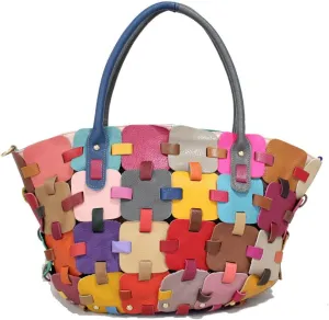 Women Multicolor Hobo Shoulder Bag Leather Random Colorful Splicing Tote Handbag