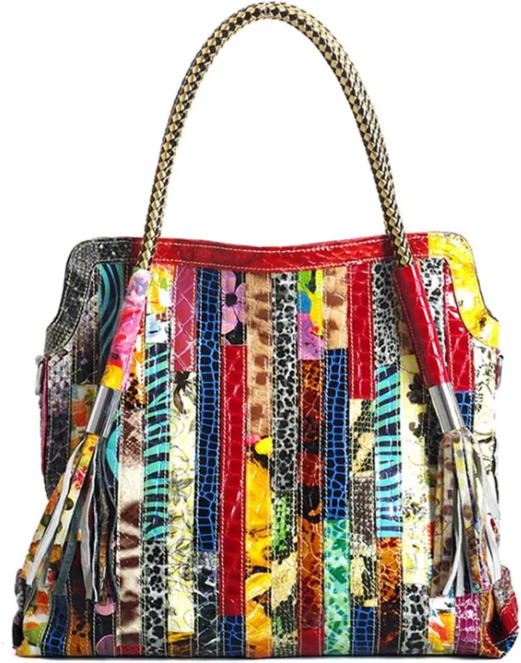 Women Multicolor Purses and Handbags Leather Large Satchel Tote Stiching Top Handle Shoulder Bag