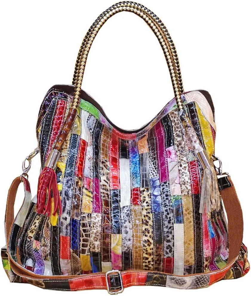Women Multicolor Purses and Handbags Leather Large Satchel Tote Stiching Top Handle Shoulder Bag