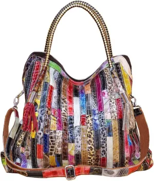 Women Multicolor Purses and Handbags Leather Large Satchel Tote Stiching Top Handle Shoulder Bag