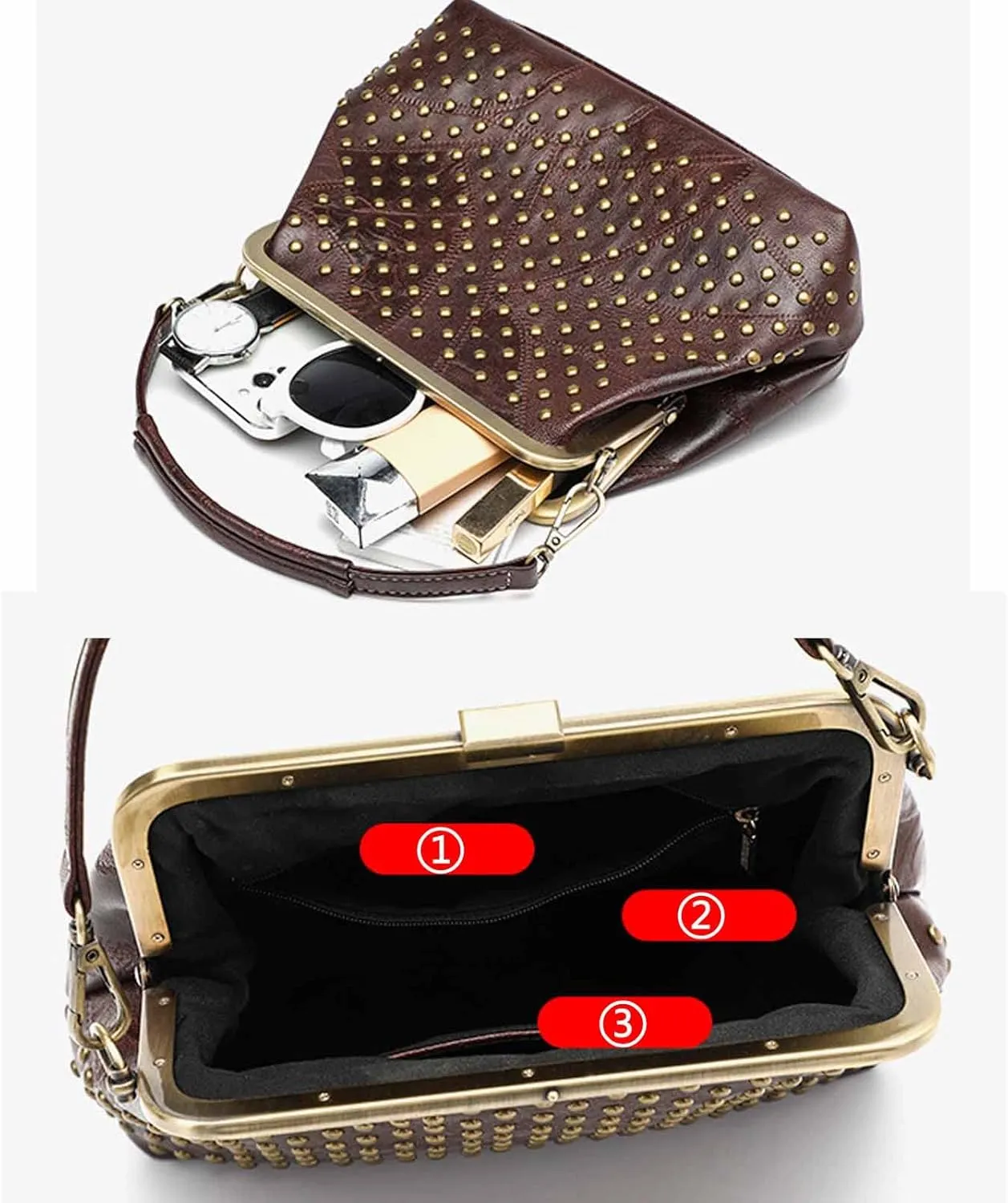 Women Punk Purse Top-handle Handbag Rivet Shoulder Crossbody Bag PU Leather Tote Satchel