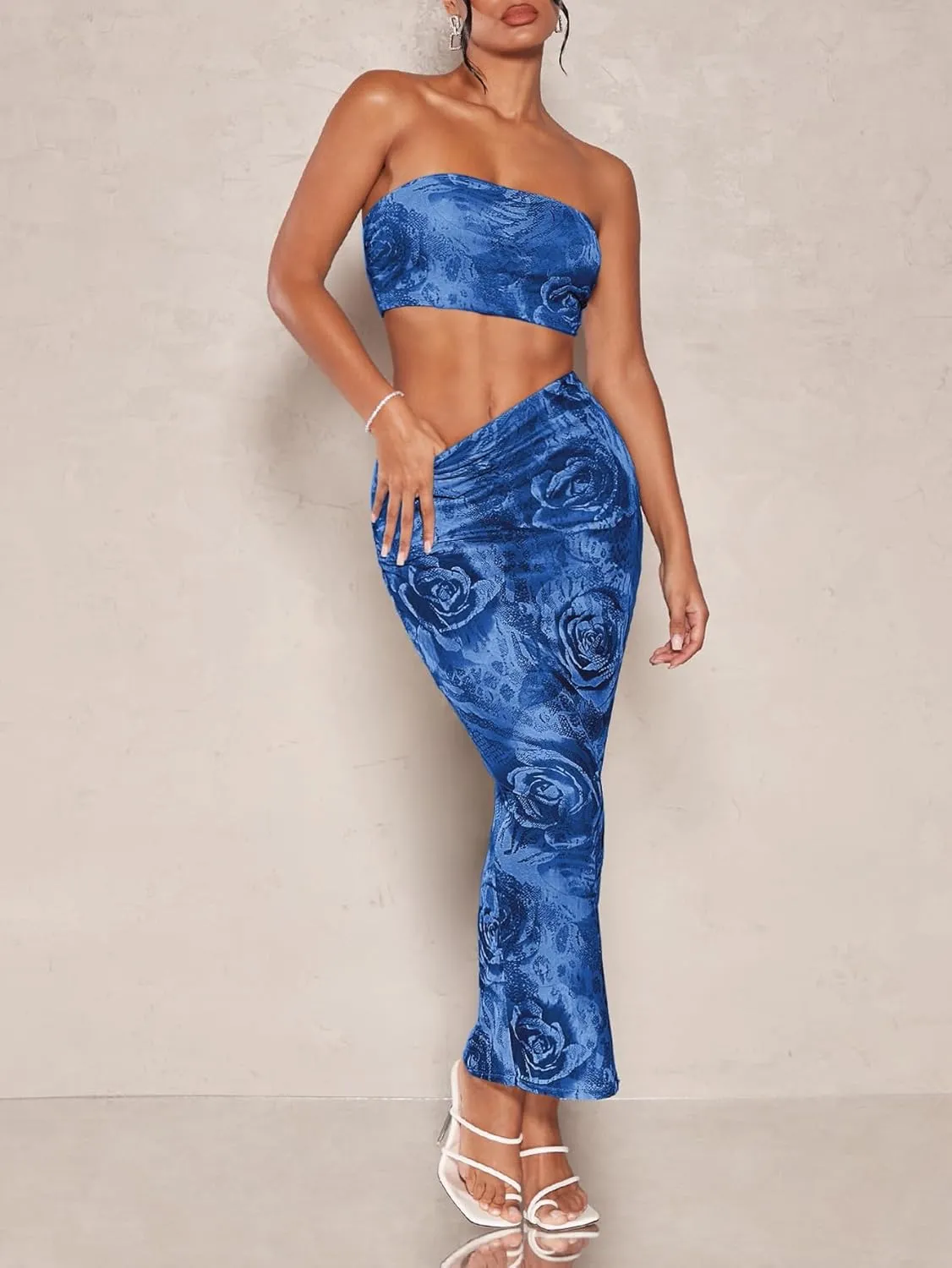 Women's 2 Piece Outfits Floral Print Mesh Strapless Tube Crop Top and High Waist Bodycon Long Maxi Skirt Set