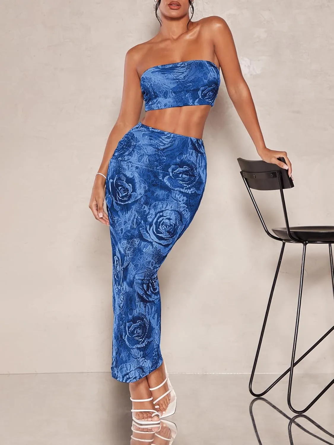 Women's 2 Piece Outfits Floral Print Mesh Strapless Tube Crop Top and High Waist Bodycon Long Maxi Skirt Set