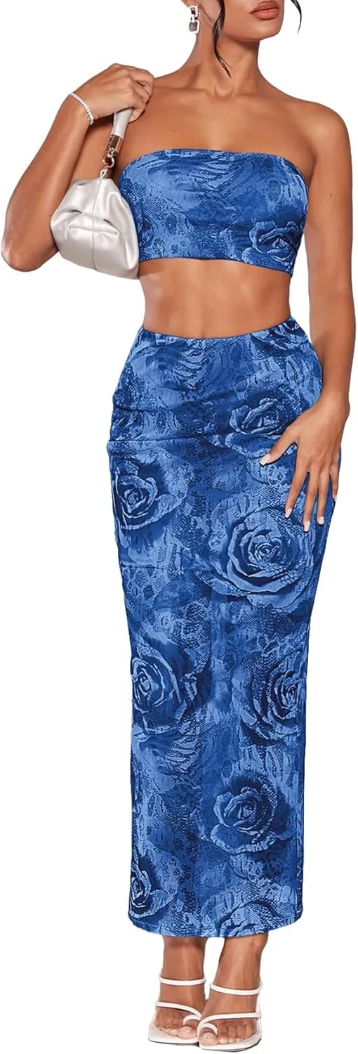 Women's 2 Piece Outfits Floral Print Mesh Strapless Tube Crop Top and High Waist Bodycon Long Maxi Skirt Set