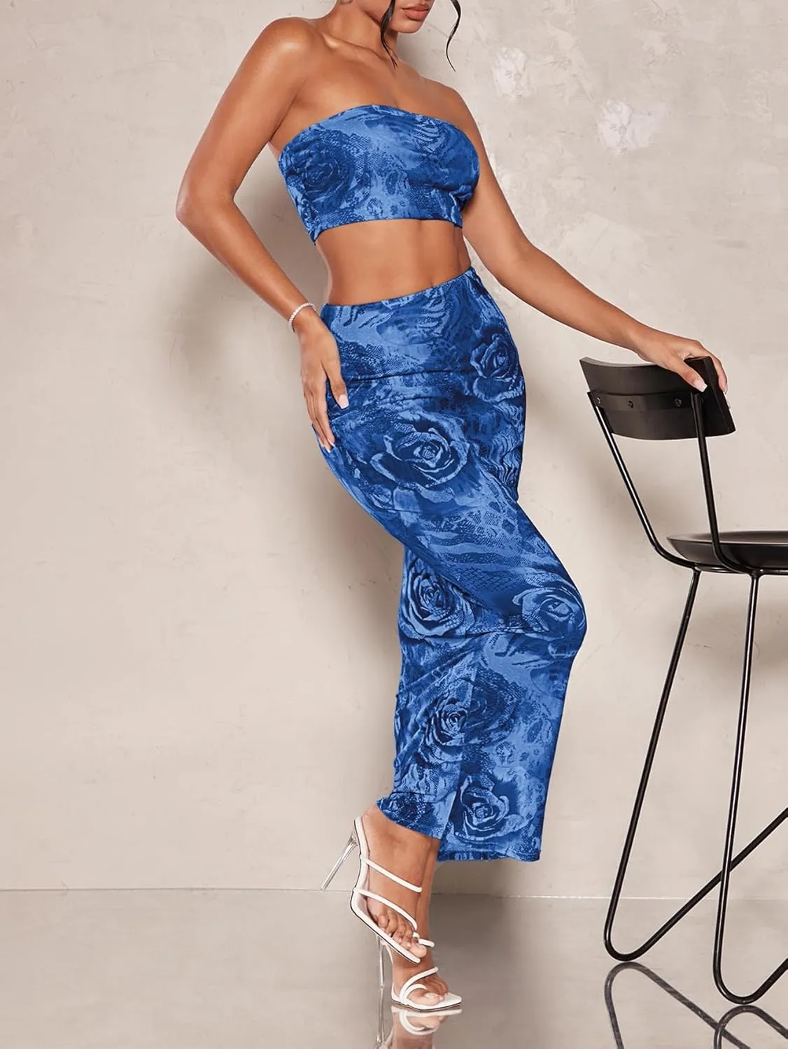 Women's 2 Piece Outfits Floral Print Mesh Strapless Tube Crop Top and High Waist Bodycon Long Maxi Skirt Set