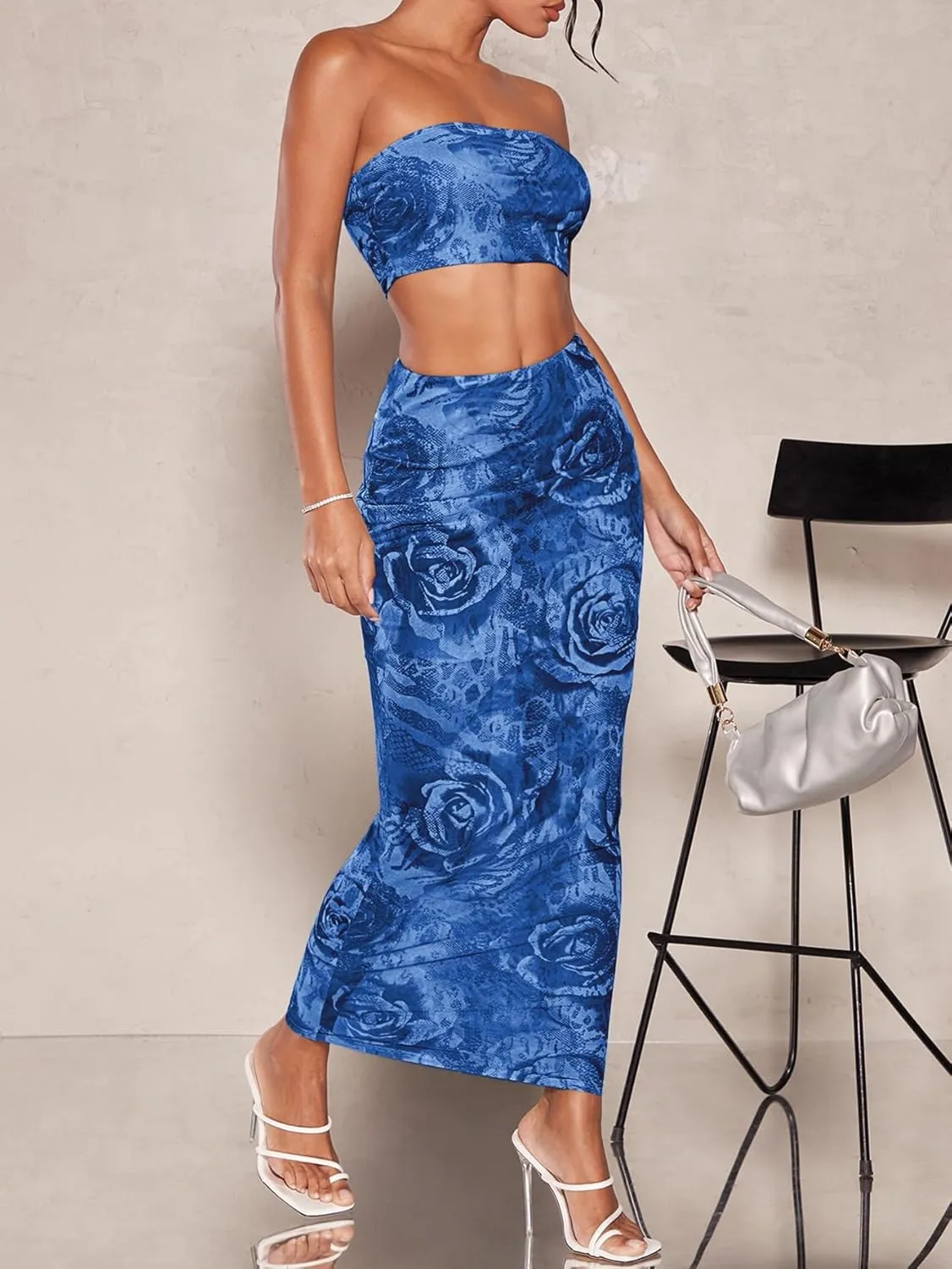 Women's 2 Piece Outfits Floral Print Mesh Strapless Tube Crop Top and High Waist Bodycon Long Maxi Skirt Set