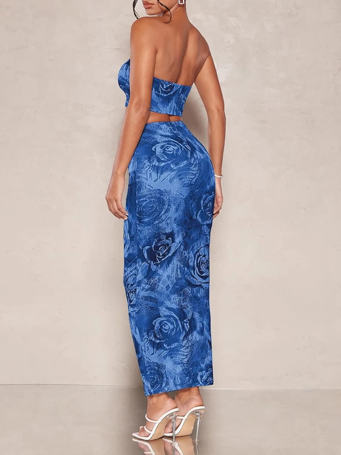 Women's 2 Piece Outfits Floral Print Mesh Strapless Tube Crop Top and High Waist Bodycon Long Maxi Skirt Set