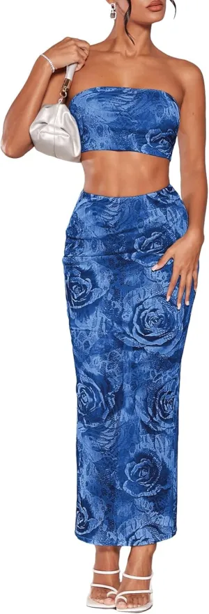Women's 2 Piece Outfits Floral Print Mesh Strapless Tube Crop Top and High Waist Bodycon Long Maxi Skirt Set