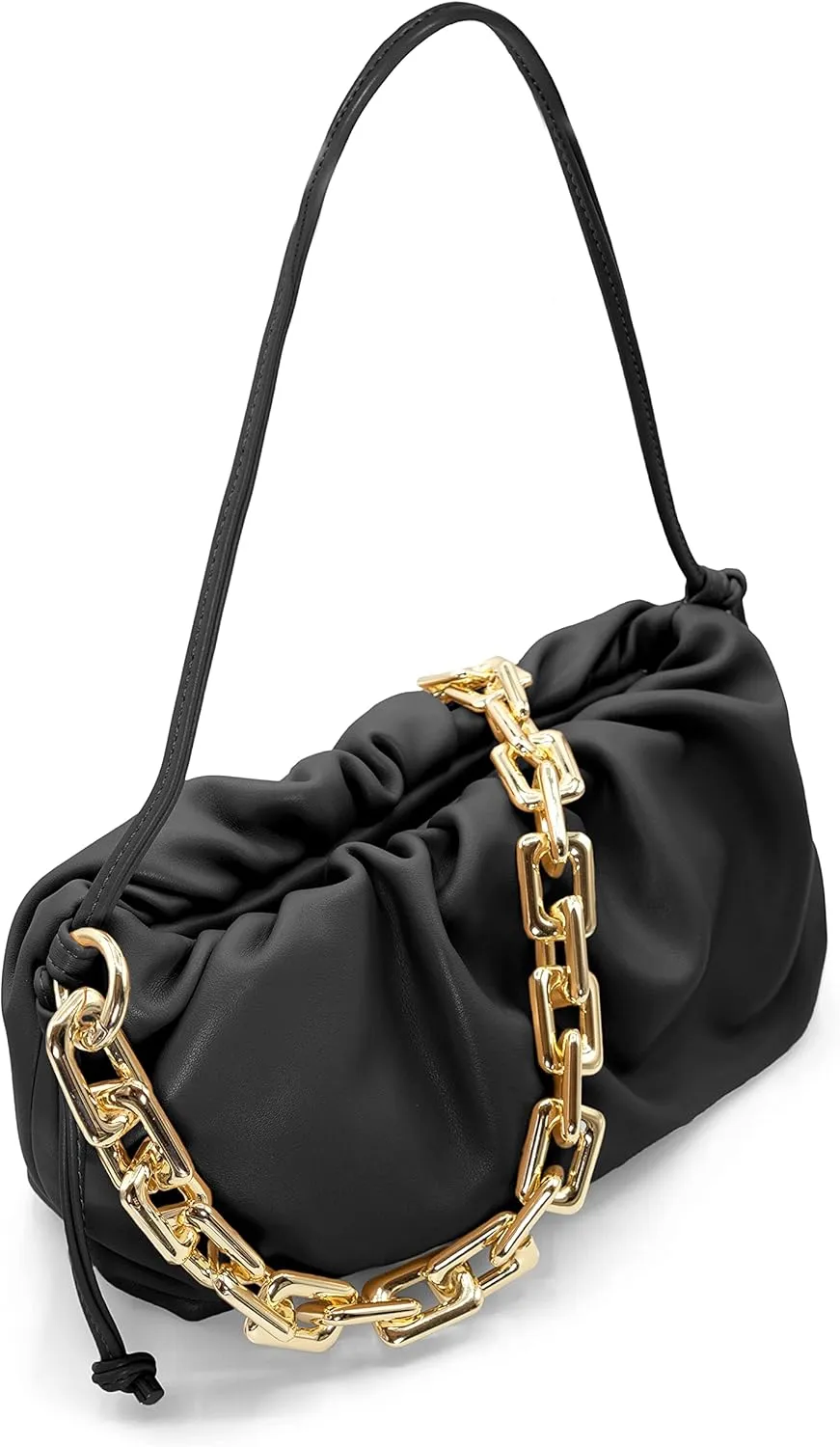 Women's Chain Link Cloud Clutch Bag | Dumpling-Shaped Pouch Purse Handbag | Ruched Chunky Chain Link Shoulder Handbags