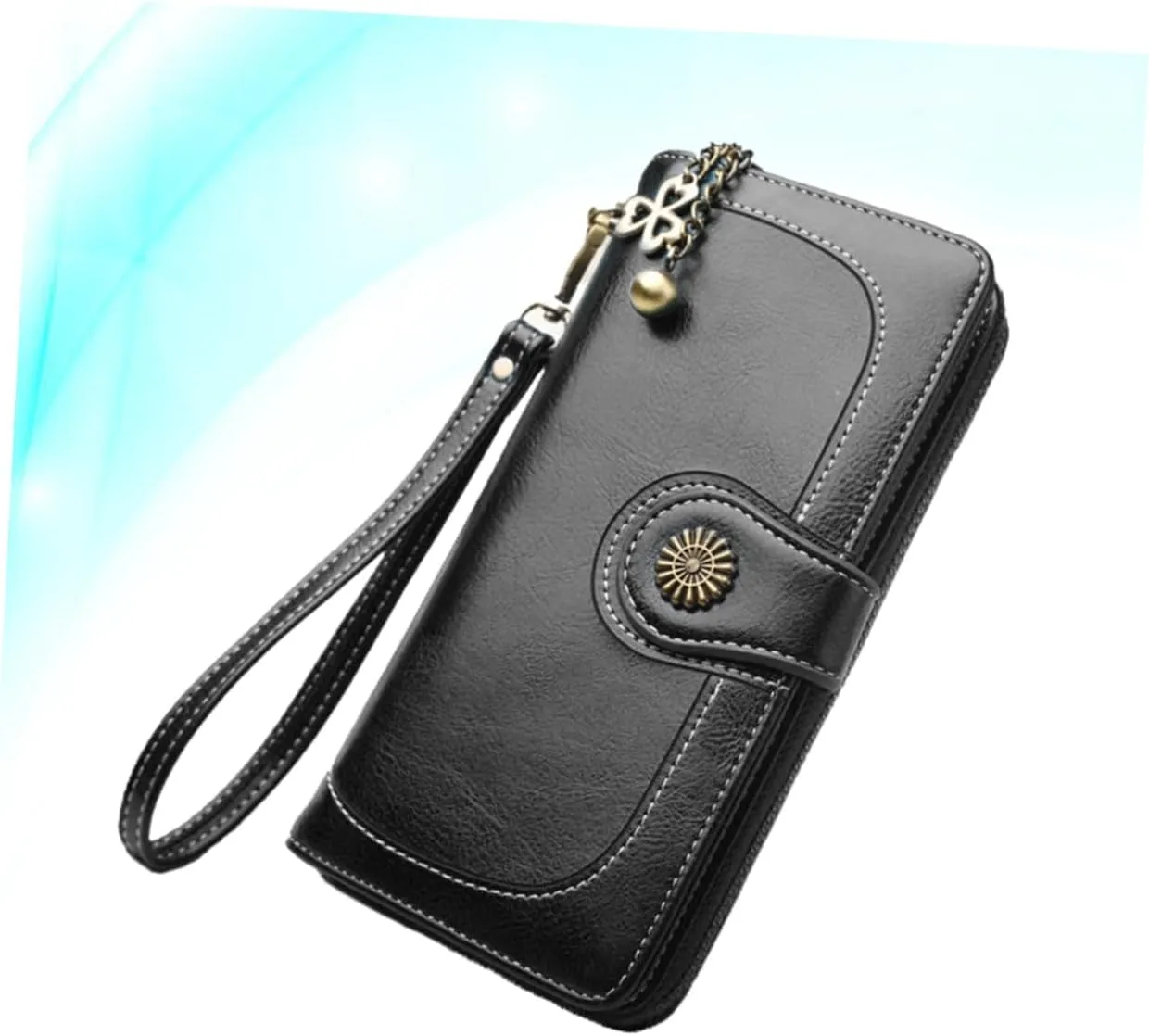 Women's Clutch Purse Black Oily Wax Leather Wallet Long Zipper Handbag
